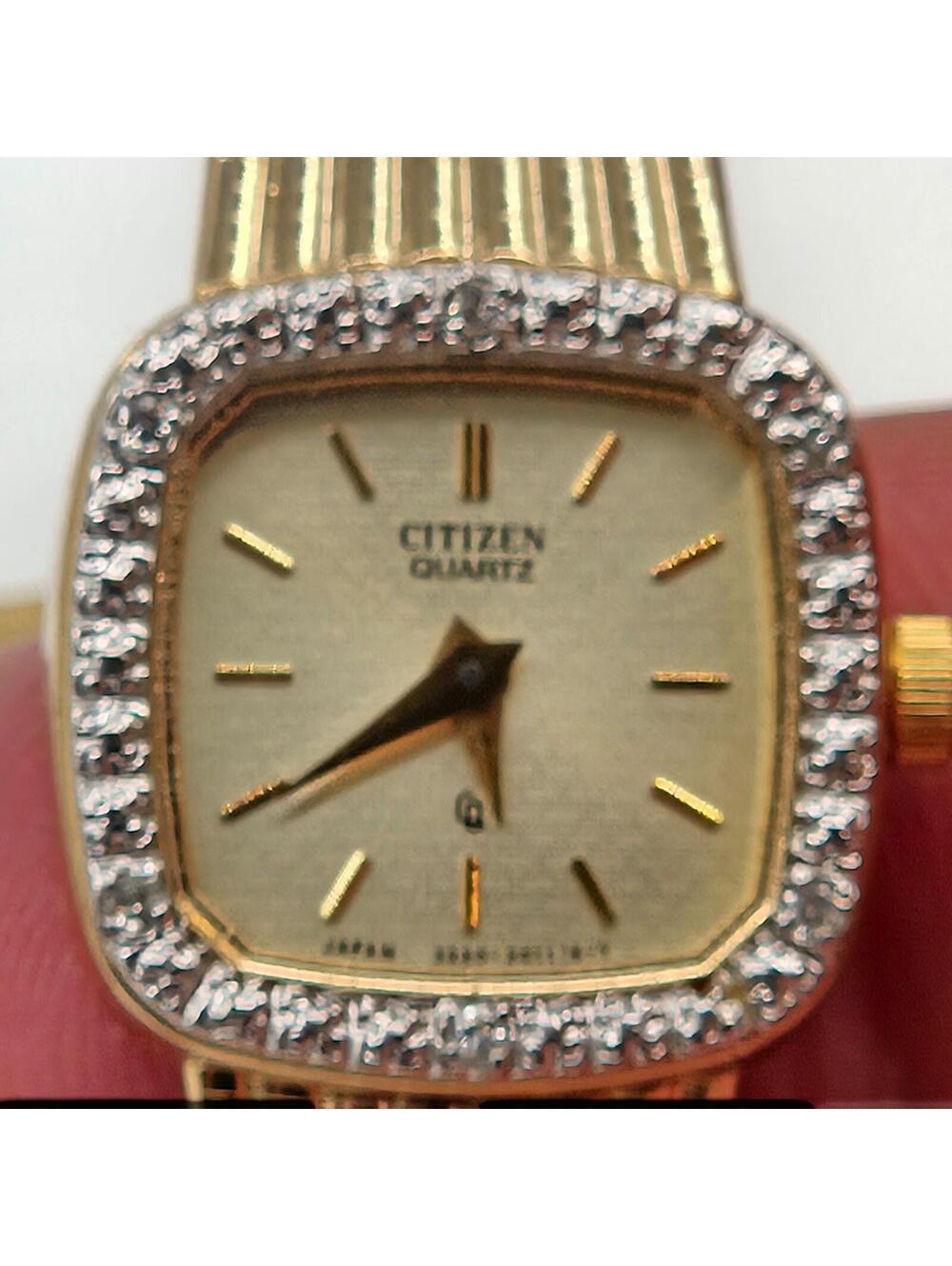 Citizen Quartz 3220-323891 Watch Diamond Bezel Gold Tone Running Japan 1987
